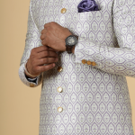 Stunning Beige Banarasi Brocade Achkan with Lilac Churidar for Men | Father-Son Combo | Grooms & Weddings | Jaipurio